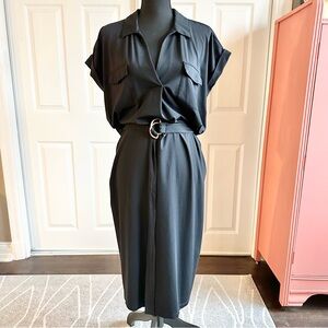 Ann Taylor Black Stretch Tie Waist Polo Shirt Dress